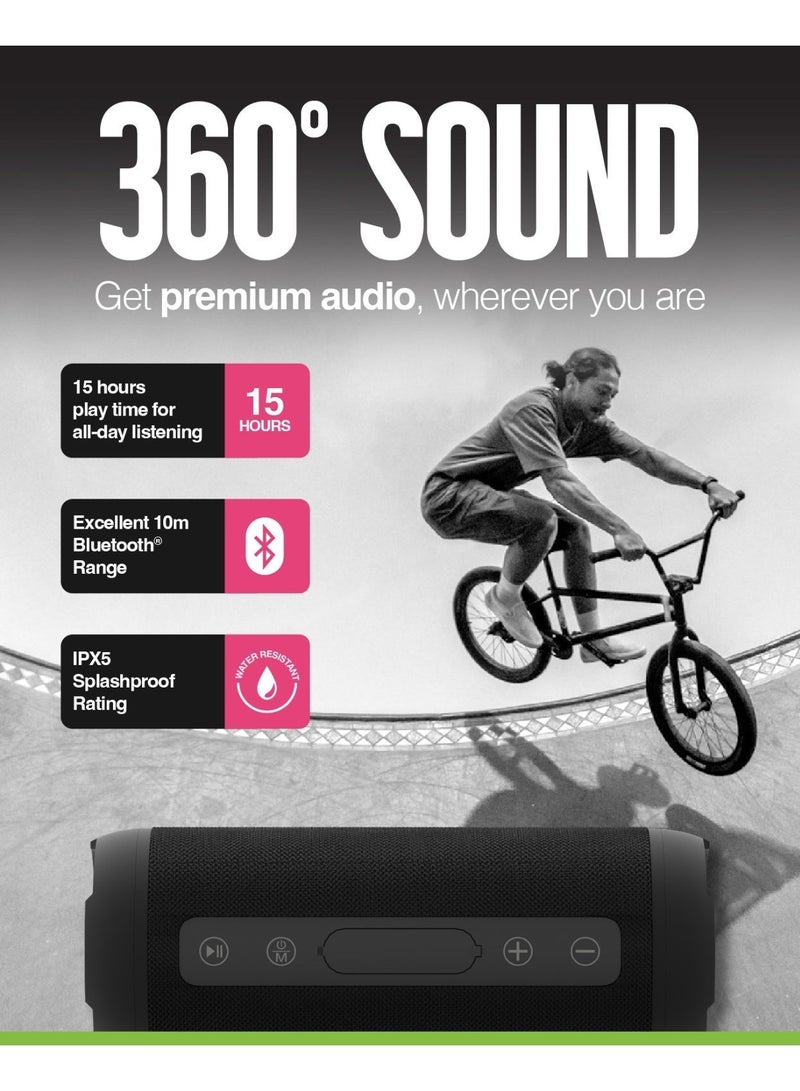 JUICE BoomPRO Portable Bluetooth Speakers, IPX5 Waterproof Wireless Speaker with 10W Loud Stereo, 360 Degree Sound, Outdoor Speaker with 10m Bluetooth Range, Deep Bass, 15H Playtime Wireless Stereo for Home, Outdoors, Hiking- Black - Image 3